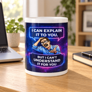 I Can Explain It to You mug on a wooden desk beside a laptop and notebook