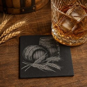 Whiskey barrel slate coaster displayed with a glass of whiskey and barley