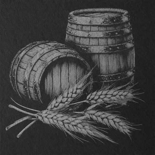 Whiskey barrel slate coaster engraved with wooden barrels and barley
