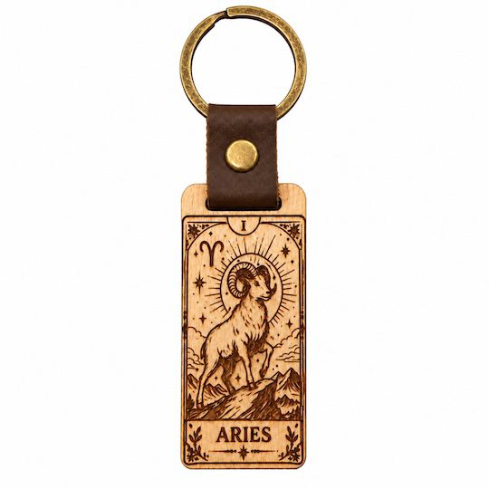 Aries zodiac wooden keyring with leather-effect strap and antique bronze-effect ring