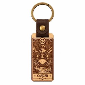 Cancer zodiac wooden keyring with leather-effect strap and bronze-effect ring