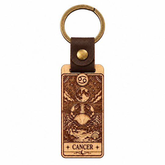 Cancer zodiac wooden keyring with leather-effect strap and bronze-effect ring