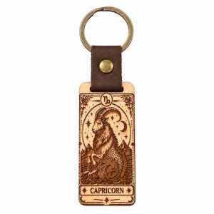 Capricorn zodiac wooden keyring with leather-effect strap and bronze-effect ring