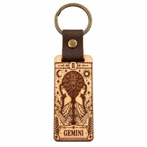 Gemini zodiac wooden keyring with leather strap and antique bronze ring