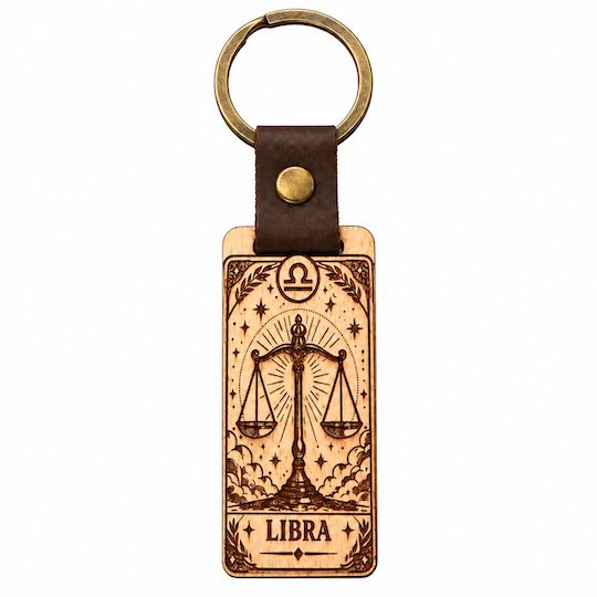 Libra zodiac wooden keyring with leather strap and antique bronze ring