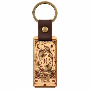 Pisces zodiac wooden keyring with leather strap and antique bronze ring
