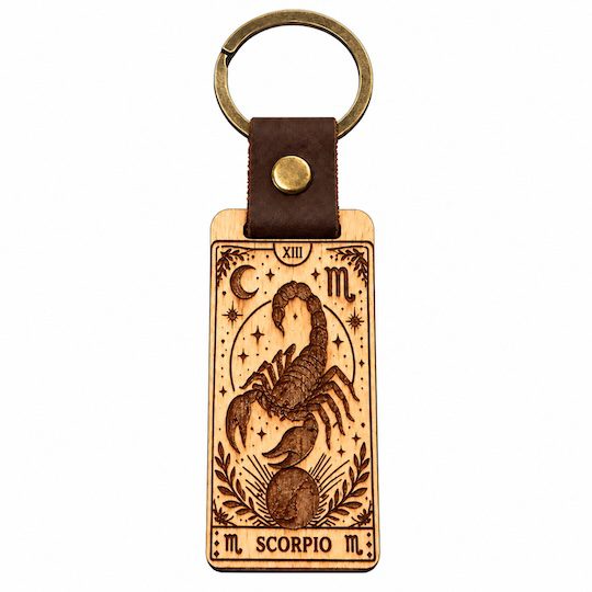 Scorpio zodiac wooden keyring with leather strap and antique bronze ring