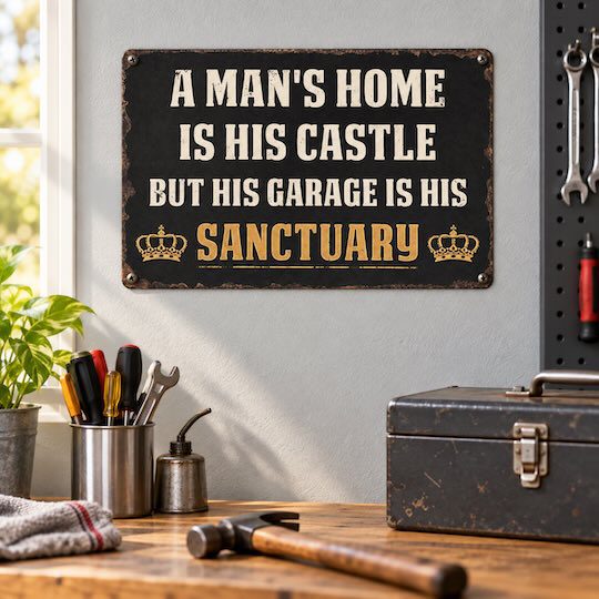 Garage sanctuary sign displayed on a grey wall above a wooden workbench.