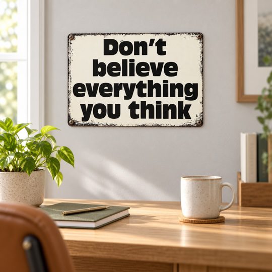 Don’t believe everything you think sign above a wooden desk with a plant, notebook and mug.