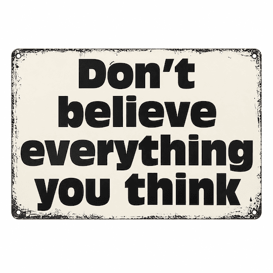 Don’t believe everything you think sign with black lettering, cream background and distressed edging.