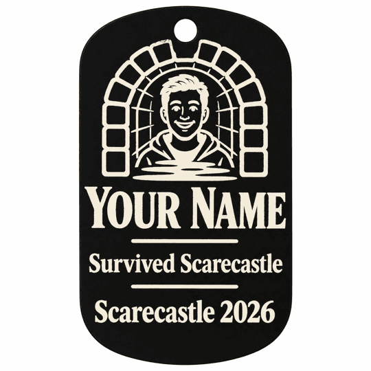Black Scarecastle 2026 souvenir tag with tunnel illustration, Your Name placeholder and Survived Scarecastle wording.