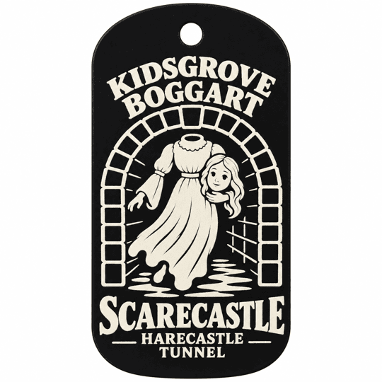 Black Scarecastle 2026 souvenir tag with tunnel illustration, Your Name placeholder and Survived Scarecastle wording.