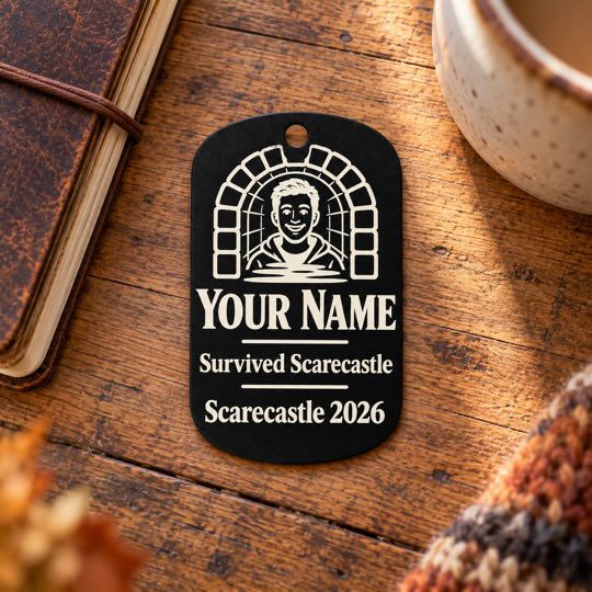 Scarecastle 2026 souvenir tag on a wooden table beside a journal and ceramic mug.