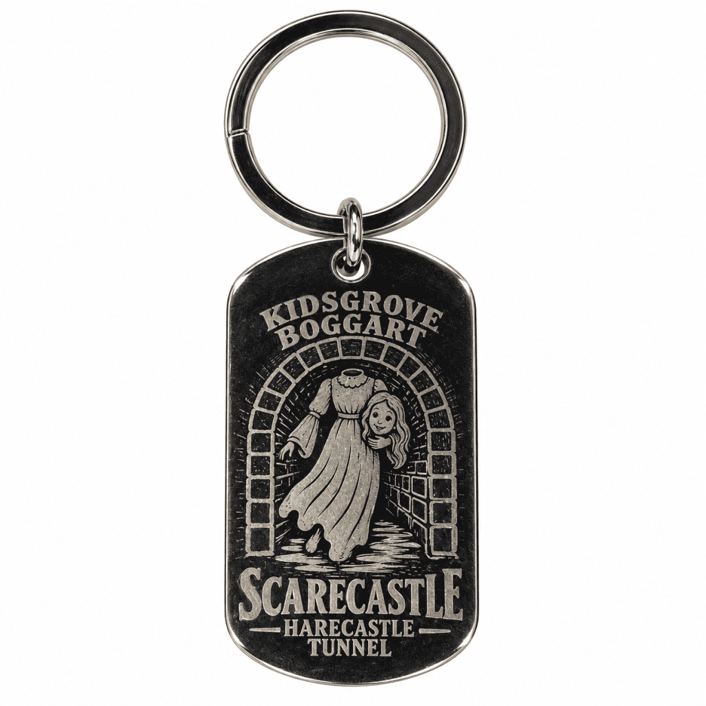 Kidsgrove Boggart keyring engraved with a headless ghost, tunnel arch and Scarecastle Harecastle Tunnel wording.