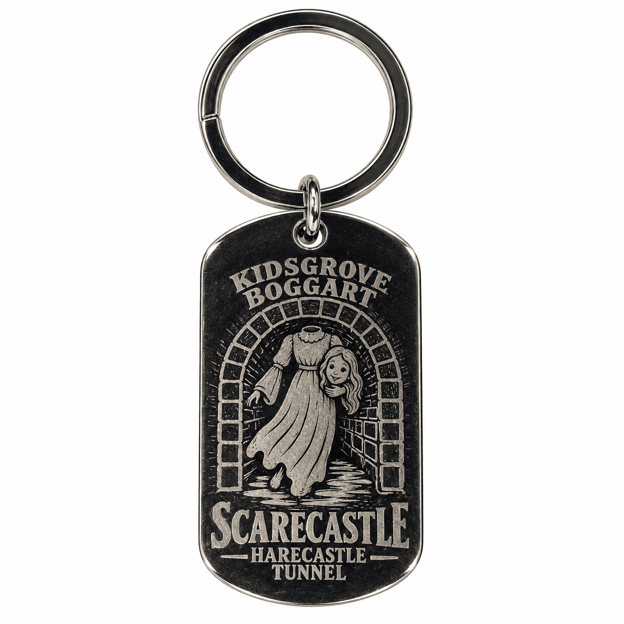 Kidsgrove Boggart keyring engraved with a headless ghost, tunnel arch and Scarecastle Harecastle Tunnel wording.