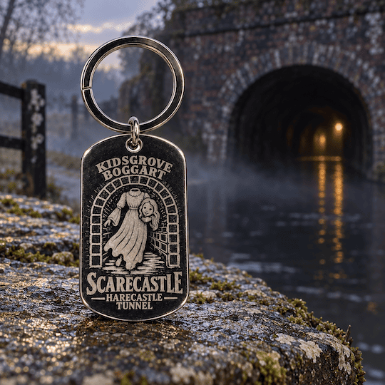 Kidsgrove Boggart keyring on a stone ledge beside a misty brick canal tunnel.