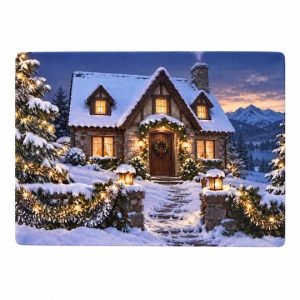 Snowy cottage fridge magnet featuring glowing windows, Christmas lights, lanterns and mountains.