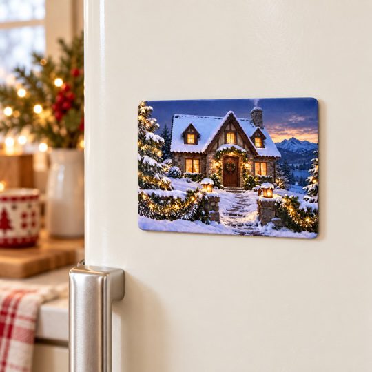 Snowy cottage fridge magnet on a cream refrigerator beside festive kitchen greenery and lights.