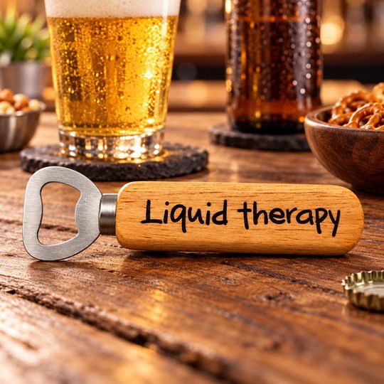 Liquid Therapy wooden bottle opener displayed with beer in a pub-style setting