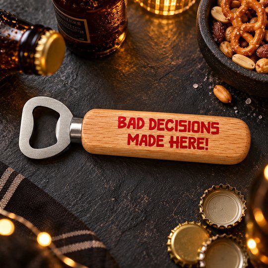 Wooden bottle opener printed with Bad Decisions Made Here