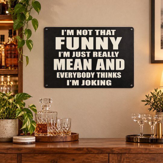 Funny quote wall sign displayed above a wooden console in a home bar.