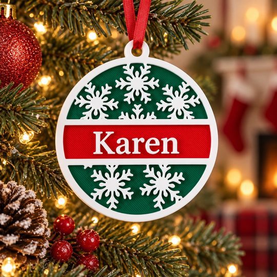 Personalised Karen snowflake decoration hanging on a Christmas tree