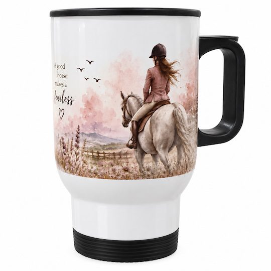 Equestrian travel mug showing a rider on a grey horse with countryside and wildflower artwork.