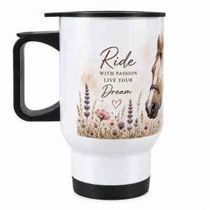 Horse travel mug with black handle, floral design and “Ride with passion, live your dream” quote.