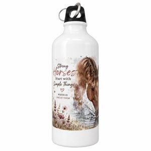 Horse water bottle showing a horse drinking, floral details and Strong Horses Start with Simple Things wording