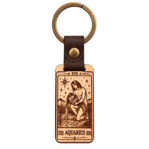 Aquarius zodiac wooden keyring with leather-effect strap and bronze-effect ring