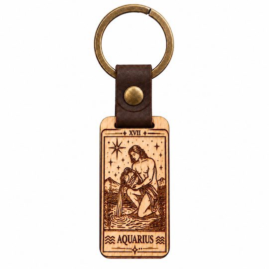 Aquarius zodiac wooden keyring with leather-effect strap and bronze-effect ring