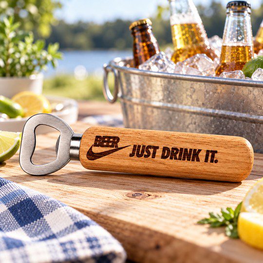 Just Drink It laser etched wooden bottle opener in an outdoor drinks setting