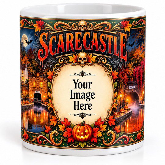 Personalised Scarecastle 11oz ceramic mug – add your own photograph.