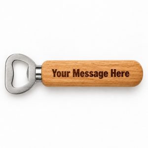 Wooden bottle opener with example “Your Message Here” text on the handle