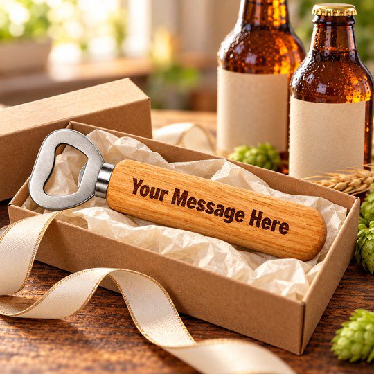 Personalised wooden bottle opener displayed in a gift box beside beer bottles