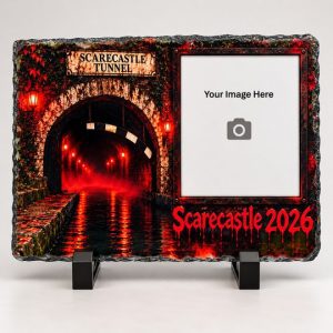 Personalised Scarecastle 2026 photo slate with customer photo area and display stand