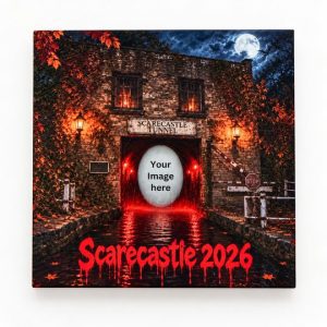 Scarecastle 2026 UV printed 10x10cm slate coaster with haunted tunnel design