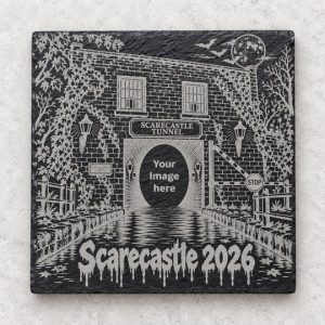Scarecastle 2026 engraved 10x10cm slate coaster with tunnel design