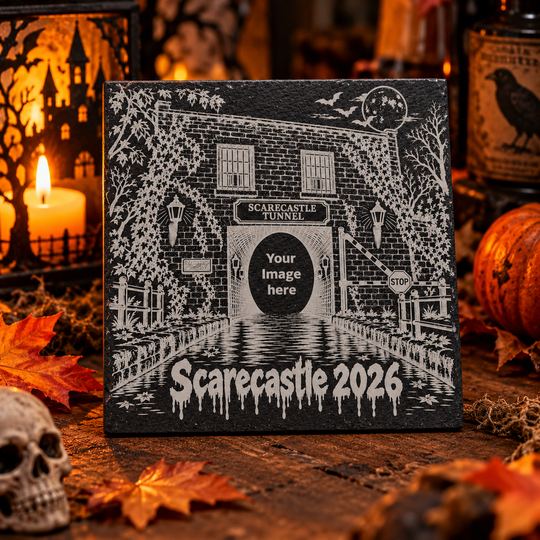Scarecastle engraved slate coaster displayed in a Halloween themed setting