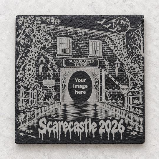 Scarecastle 2026 engraved 10x10cm slate coaster with tunnel design