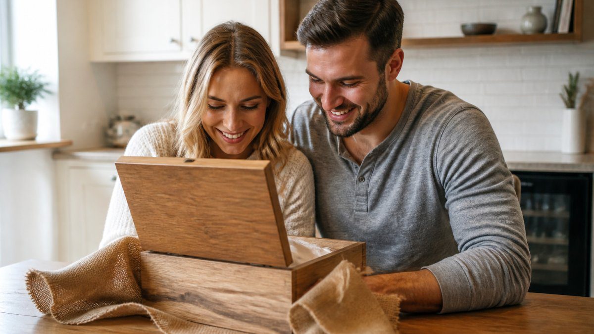 A couple unwrapping a personalised wedding gift box and examining the engraved details together at a kitchen table.