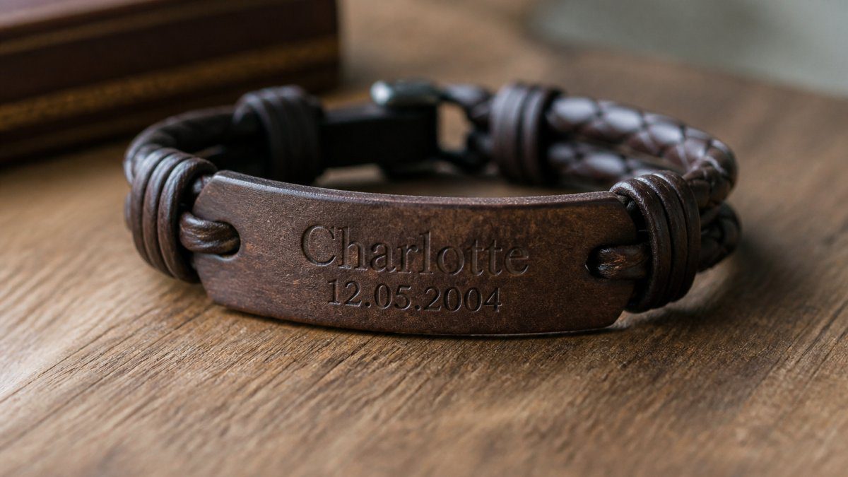 Close-up of an engraved leather bracelet with a name and date, showing fine detail and craftsmanship against a wooden surface