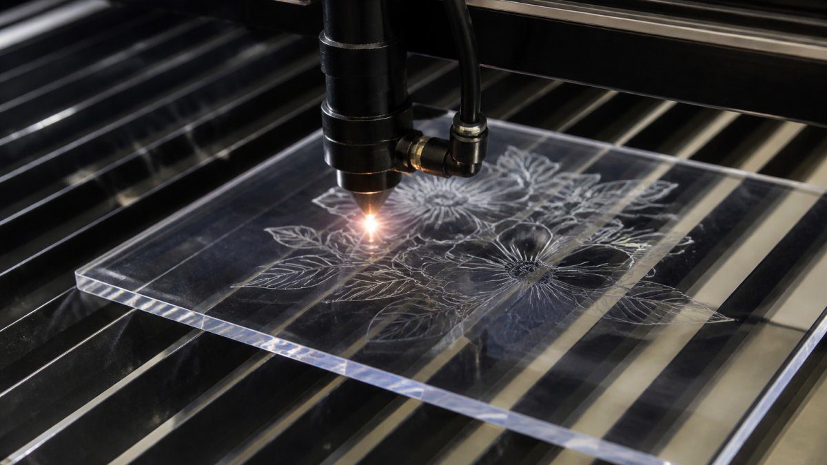 Professional laser cutter in operation with a piece of acrylic being engraved, showing the laser beam at work and fine detail visible on the material's surface, with workshop lighting illuminating the cutting area