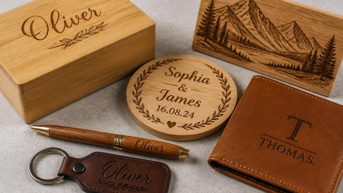 Close-up of finished laser-engraved wooden items and leather accessories displayed on a neutral surface, showing intricate detail of the engraved text and designs with vibrant clarity