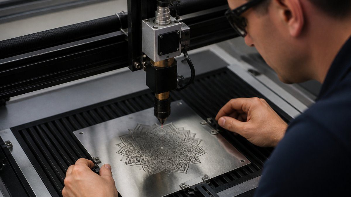 Professional laser etching specialist adjusting machine settings on stainless steel plaque with detailed geometric design visible on material surface