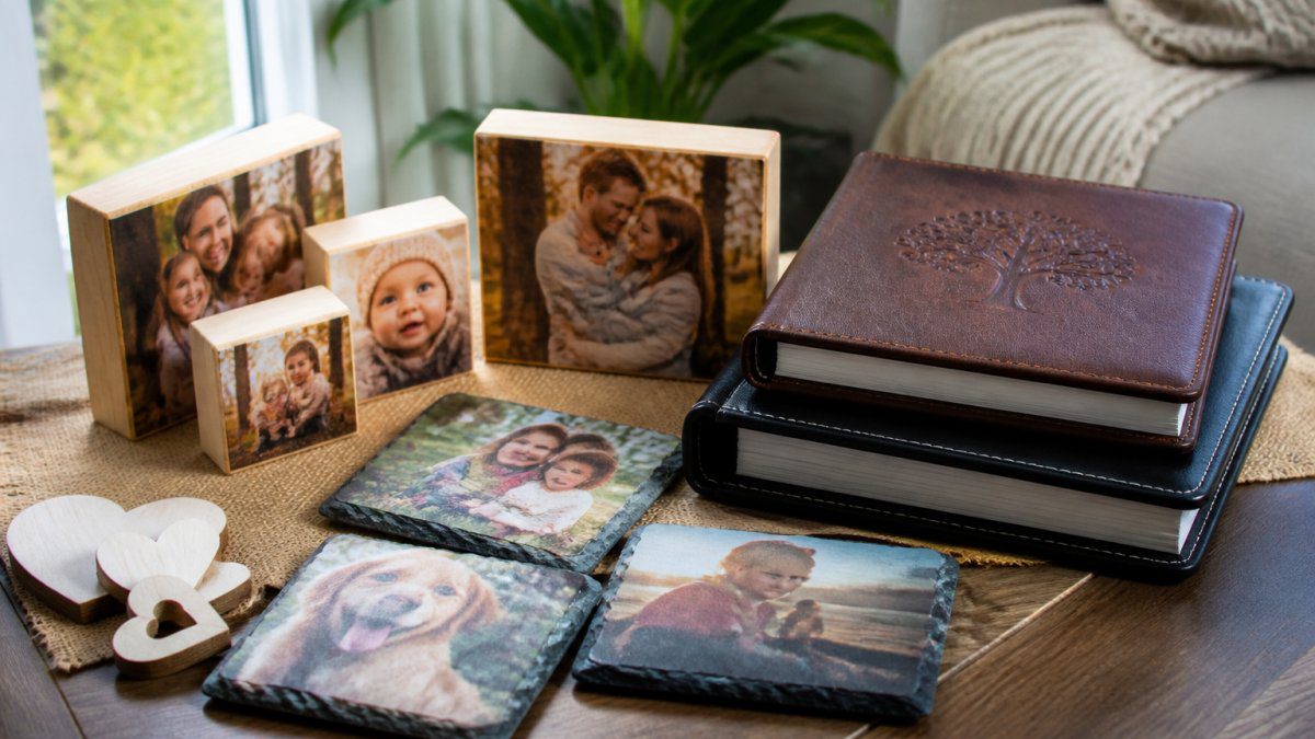 Collection of personalised photo gifts arranged on a wooden surface, engraved wooden blocks displaying family photographs, printed slate coasters with vibrant images, leather-bound albums with embossed initials, showcasing various printing techniques and materials in natural daylight