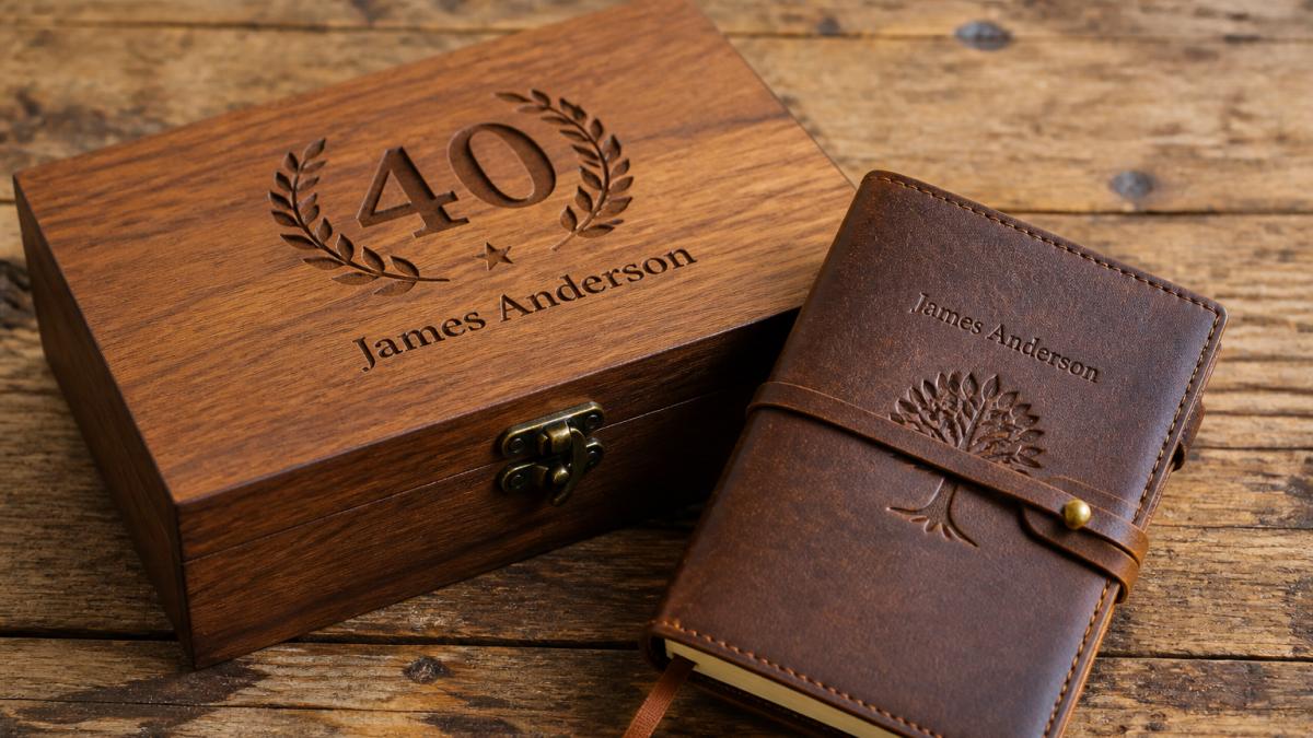 Close-up of an engraved wooden gift box and leather journal displayed together on a rustic wooden table, with warm lighting highlighting the personalised details