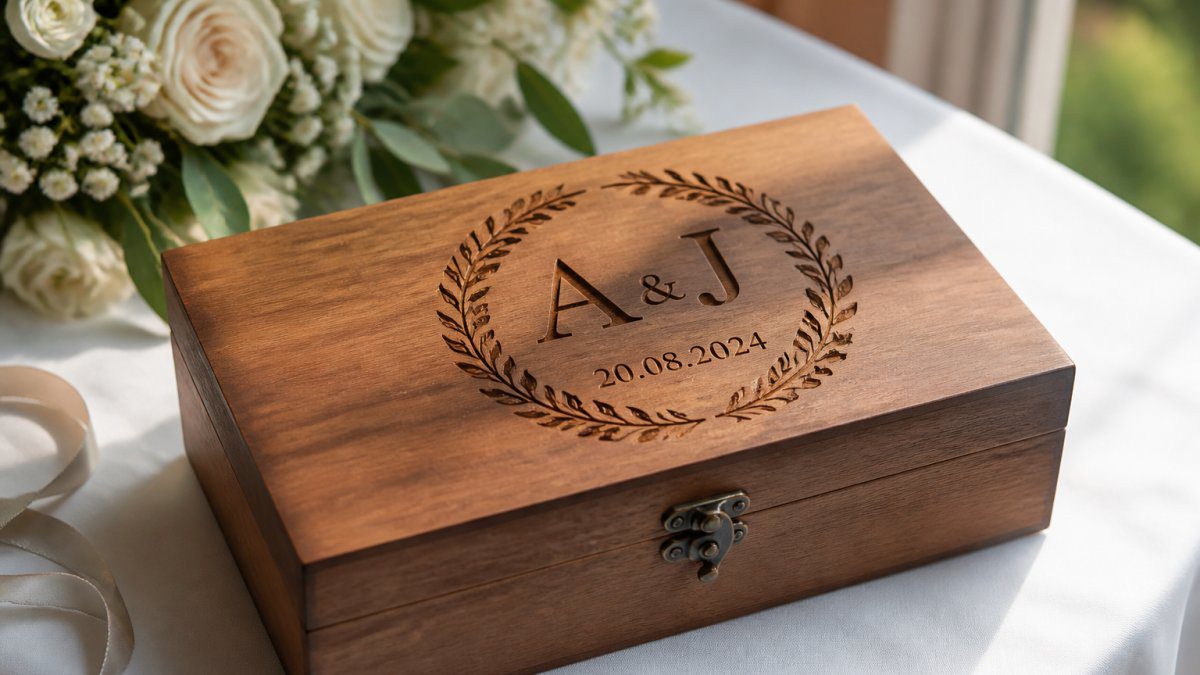 Close-up of a wooden box with couple's initials and wedding date laser-engraved into the surface, displayed on a white tablecloth with soft natural light illuminating the engraved detail and wedding flowers in the background
