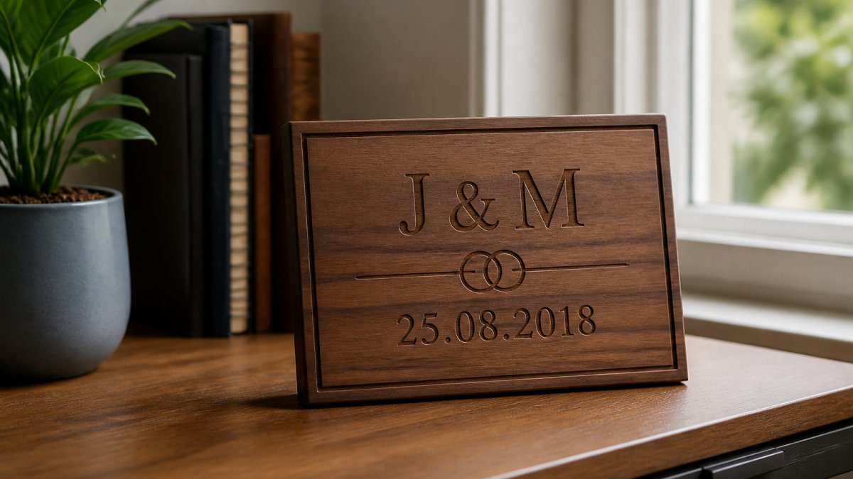 Close-up of a laser-engraved wooden plaque displaying initials and an anniversary date, positioned on a modern wooden desk with soft natural window lighting