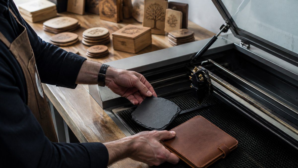 Craftsman positioning slate and leather for customisable designs on a laser engraving machine